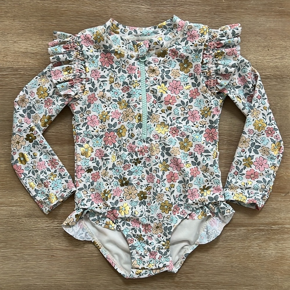 Tommy Bahama Toddler Girl Metallic Floral Rashguard Swimsuit 4T - Picture 3 of 4